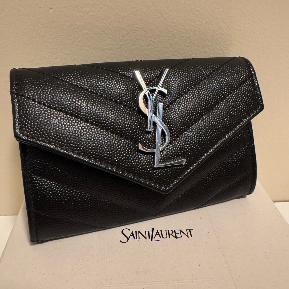 Saint Laurent Black Quilted Leather Envelope Clutch with Silver YSL